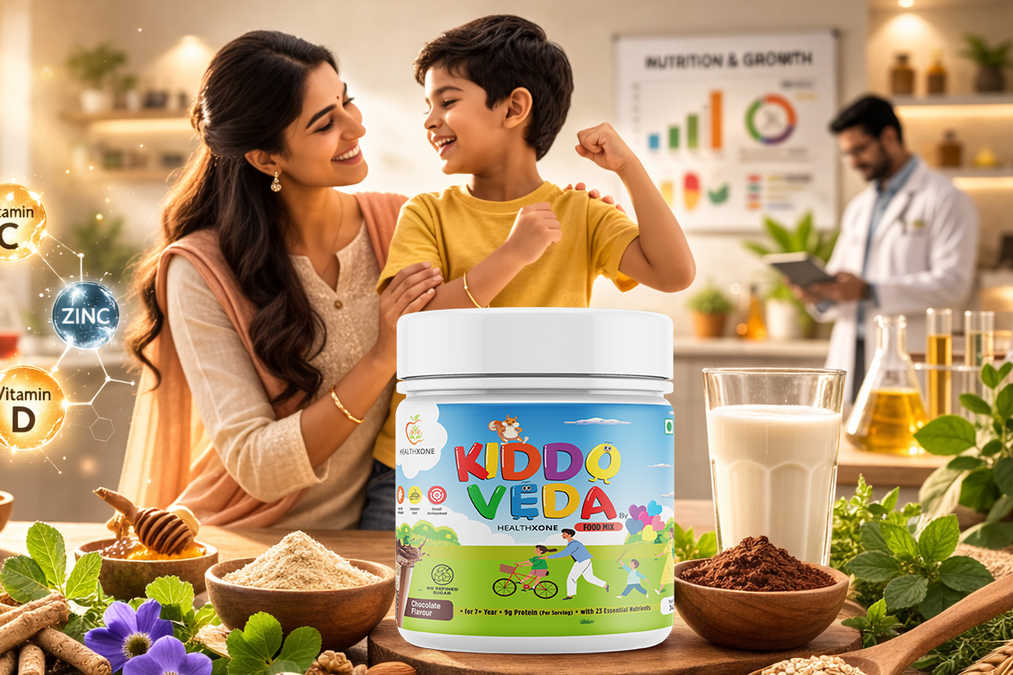 KIDDOVEDA BY HEALTHXONE Daily Nutrition Protein Mix for Kids 7+Year (340 gm) - Buy 1 Get 1 Free