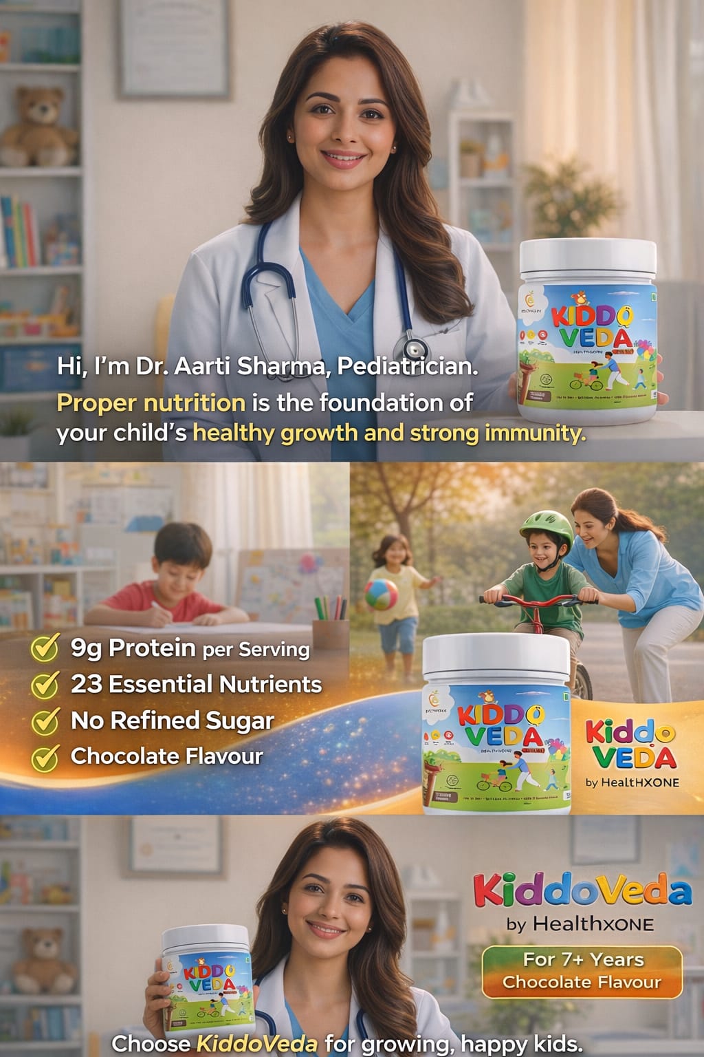KIDDOVEDA BY HEALTHXONE Daily Nutrition Protein Mix for Kids 7+Year (340 gm) - Buy 1 Get 1 Free